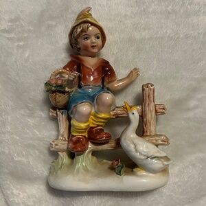 Vintage Original Arnart Creation Japan 8068 Boy On Fence With Goose Porcelain